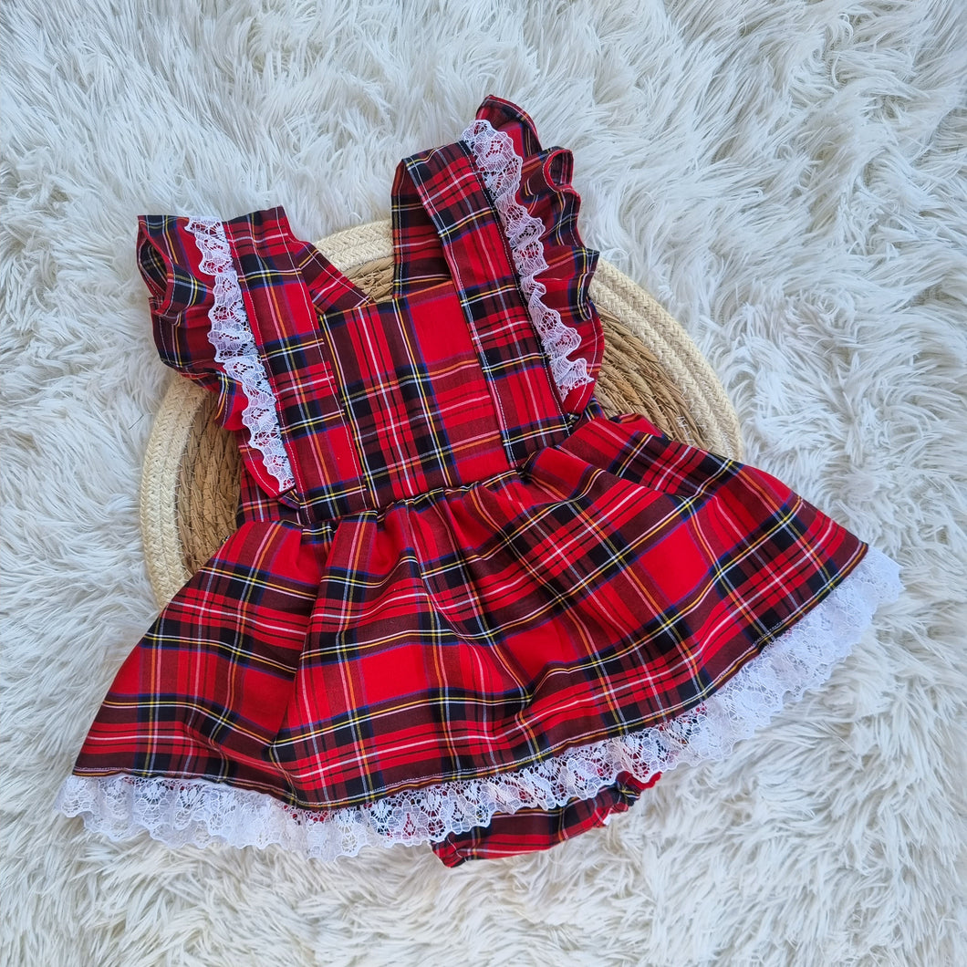 Tartan Peplum Flutter Romper With Lace